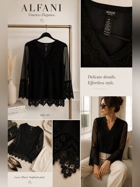 Alfani Black Lace-Trim V-Neck Sheer Sleeve Blouse